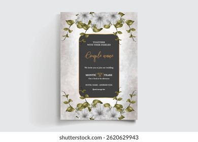 MARCO DE INVITACIÓN DE BODA CON DECORACIONES FLORALES Y HOJAS FRESCAS