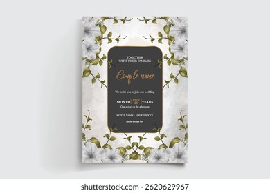 HOCHZEITSEINLADUNGSRAHMEN MIT BLUMENDEKORATIONEN UND FRISCHEN BLÄTTERN