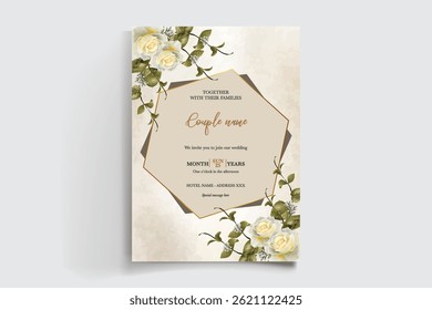 WEDDING INVITATION FRAME WITH FLOWER DECORATIONS AND FRESH LEAVES