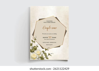 HOCHZEITSEINLADUNGSRAHMEN MIT BLUMENDEKORATIONEN UND FRISCHEN BLÄTTERN