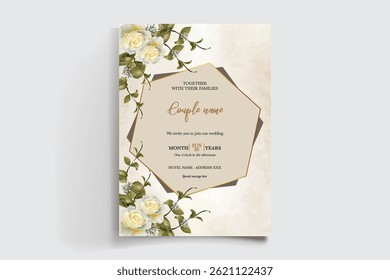 HOCHZEITSEINLADUNGSRAHMEN MIT BLUMENDEKORATIONEN UND FRISCHEN BLÄTTERN