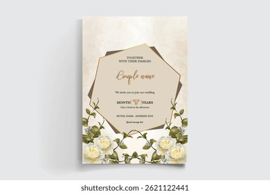 HOCHZEITSEINLADUNGSRAHMEN MIT BLUMENDEKORATIONEN UND FRISCHEN BLÄTTERN