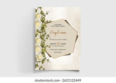 MARCO DE INVITACIÓN DE BODA CON DECORACIONES FLORALES Y HOJAS FRESCAS