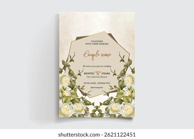 WEDDING INVITATION FRAME WITH FLOWER DECORATIONS AND FRESH LEAVES