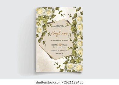 HOCHZEITSEINLADUNGSRAHMEN MIT BLUMENDEKORATIONEN UND FRISCHEN BLÄTTERN