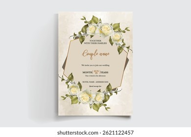 WEDDING INVITATION FRAME WITH FLOWER DECORATIONS AND FRESH LEAVES