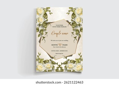 WEDDING INVITATION FRAME WITH FLOWER DECORATIONS AND FRESH LEAVES