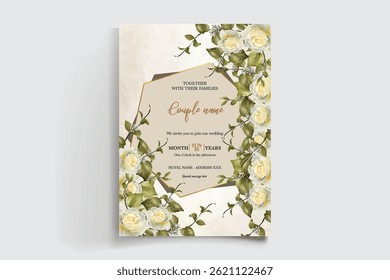 WEDDING INVITATION FRAME WITH FLOWER DECORATIONS AND FRESH LEAVES