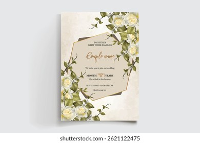 WEDDING INVITATION FRAME WITH FLOWER DECORATIONS AND FRESH LEAVES