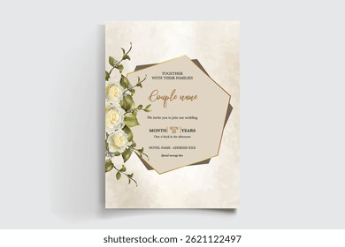 HOCHZEITSEINLADUNGSRAHMEN MIT BLUMENDEKORATIONEN UND FRISCHEN BLÄTTERN
