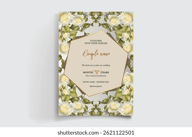 MARCO DE INVITACIÓN DE BODA CON DECORACIONES FLORALES Y HOJAS FRESCAS