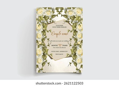 WEDDING INVITATION FRAME WITH FLOWER DECORATIONS AND FRESH LEAVES
