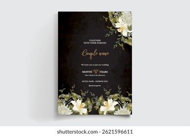 WEDDING INVITATION FRAME WITH FLOWER DECORATIONS AND FRESH LEAVES