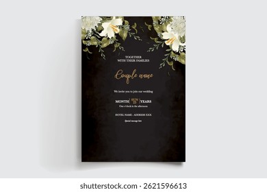 MARCO DE INVITACIÓN DE BODA CON DECORACIONES FLORALES Y HOJAS FRESCAS