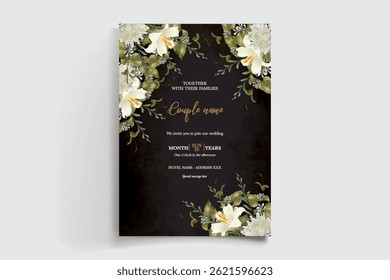 MARCO DE INVITACIÓN DE BODA CON DECORACIONES FLORALES Y HOJAS FRESCAS