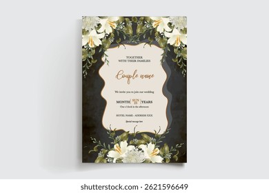 WEDDING INVITATION FRAME WITH FLOWER DECORATIONS AND FRESH LEAVES