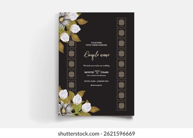 MARCO DE INVITACIÓN DE BODA CON DECORACIONES FLORALES Y HOJAS FRESCAS