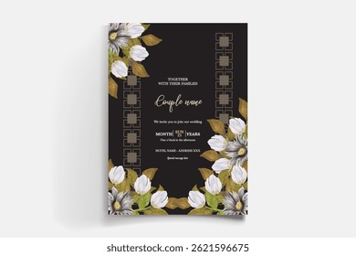 WEDDING INVITATION FRAME WITH FLOWER DECORATIONS AND FRESH LEAVES