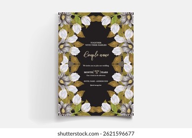 WEDDING INVITATION FRAME WITH FLOWER DECORATIONS AND FRESH LEAVES