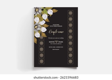 WEDDING INVITATION FRAME WITH FLOWER DECORATIONS AND FRESH LEAVES