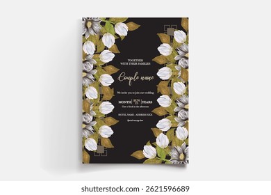 MARCO DE INVITACIÓN DE BODA CON DECORACIONES FLORALES Y HOJAS FRESCAS
