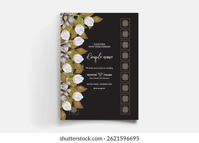 WEDDING INVITATION FRAME WITH FLOWER DECORATIONS AND FRESH LEAVES