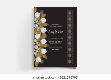WEDDING INVITATION FRAME WITH FLOWER DECORATIONS AND FRESH LEAVES
