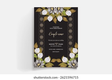 WEDDING INVITATION FRAME WITH FLOWER DECORATIONS AND FRESH LEAVES