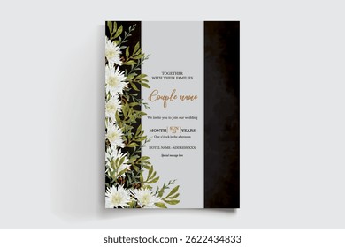 WEDDING INVITATION FRAME WITH FLOWER DECORATIONS AND FRESH LEAVES