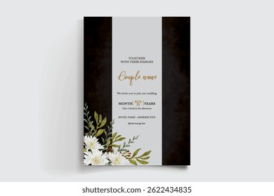 WEDDING INVITATION FRAME WITH FLOWER DECORATIONS AND FRESH LEAVES