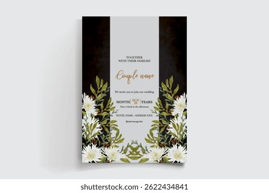 WEDDING INVITATION FRAME WITH FLOWER DECORATIONS AND FRESH LEAVES