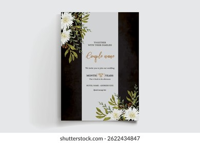 WEDDING INVITATION FRAME WITH FLOWER DECORATIONS AND FRESH LEAVES