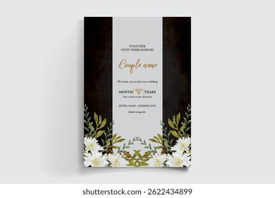 WEDDING INVITATION FRAME WITH FLOWER DECORATIONS AND FRESH LEAVES
