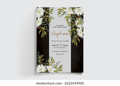 WEDDING INVITATION FRAME WITH FLOWER DECORATIONS AND FRESH LEAVES