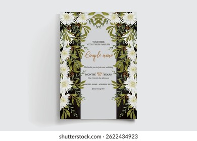 WEDDING INVITATION FRAME WITH FLOWER DECORATIONS AND FRESH LEAVES