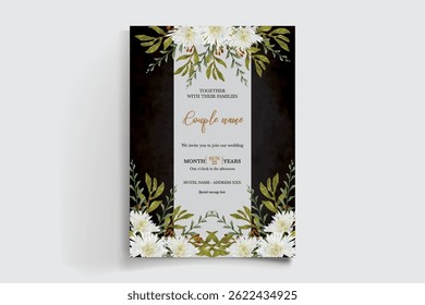MARCO DE INVITACIÓN DE BODA CON DECORACIONES FLORALES Y HOJAS FRESCAS