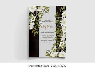 WEDDING INVITATION FRAME WITH FLOWER DECORATIONS AND FRESH LEAVES
