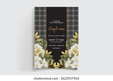WEDDING INVITATION FRAME WITH FLOWER DECORATIONS AND FRESH LEAVES