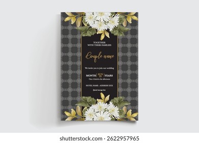 WEDDING INVITATION FRAME WITH FLOWER DECORATIONS AND FRESH LEAVES