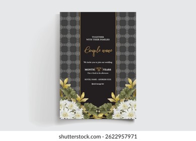 WEDDING INVITATION FRAME WITH FLOWER DECORATIONS AND FRESH LEAVES
