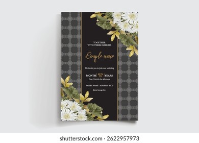 WEDDING INVITATION FRAME WITH FLOWER DECORATIONS AND FRESH LEAVES