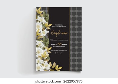 WEDDING INVITATION FRAME WITH FLOWER DECORATIONS AND FRESH LEAVES
