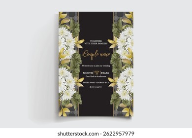 WEDDING INVITATION FRAME WITH FLOWER DECORATIONS AND FRESH LEAVES