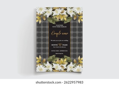 HOCHZEITSEINLADUNGSRAHMEN MIT BLUMENDEKORATIONEN UND FRISCHEN BLÄTTERN