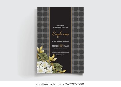 WEDDING INVITATION FRAME WITH FLOWER DECORATIONS AND FRESH LEAVES