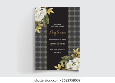 WEDDING INVITATION FRAME WITH FLOWER DECORATIONS AND FRESH LEAVES
