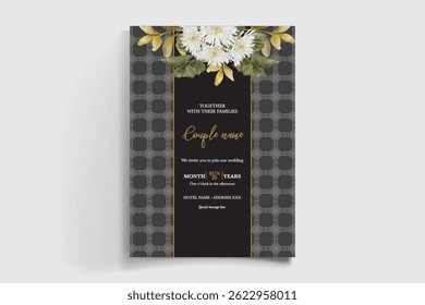WEDDING INVITATION FRAME WITH FLOWER DECORATIONS AND FRESH LEAVES