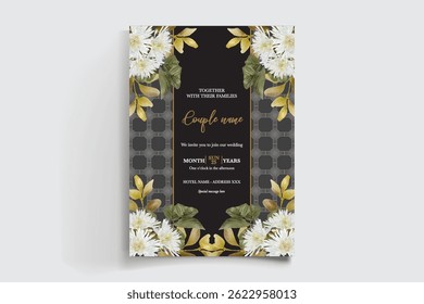 WEDDING INVITATION FRAME WITH FLOWER DECORATIONS AND FRESH LEAVES