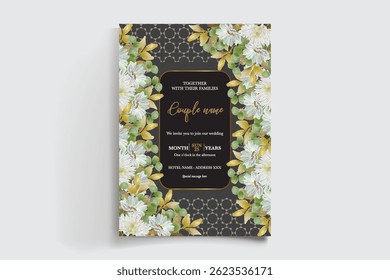 WEDDING INVITATION FRAME WITH FLOWER DECORATIONS AND FRESH LEAVES
