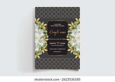 WEDDING INVITATION FRAME WITH FLOWER DECORATIONS AND FRESH LEAVES